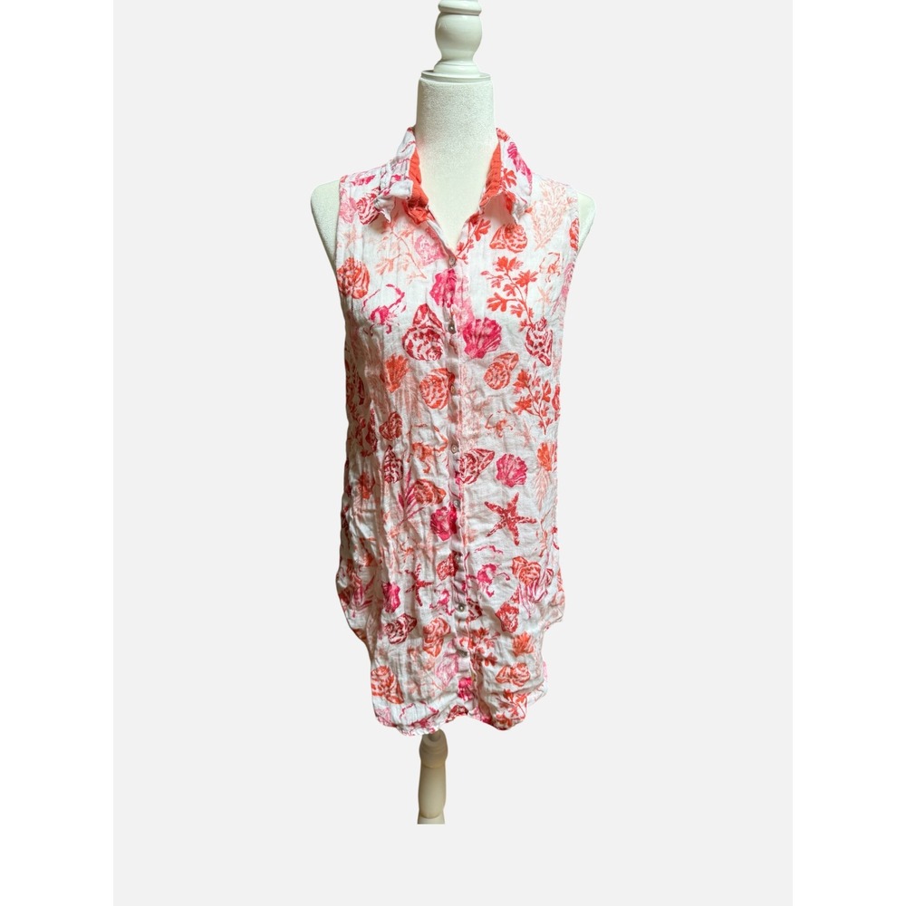 Sigrid Olsen 100% Linen Shirt Dress Sleeveless Coral Seashell Coastal Tunic L